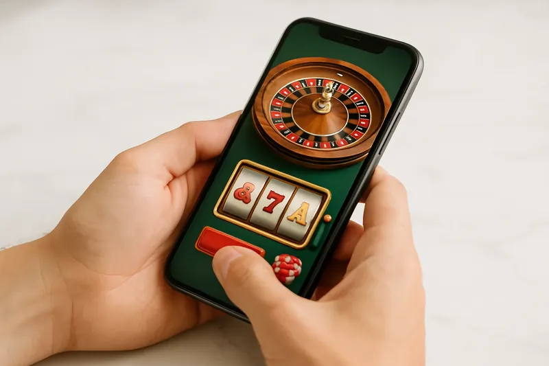 Close-up of hands holding smartphone with casino app on marble surface
