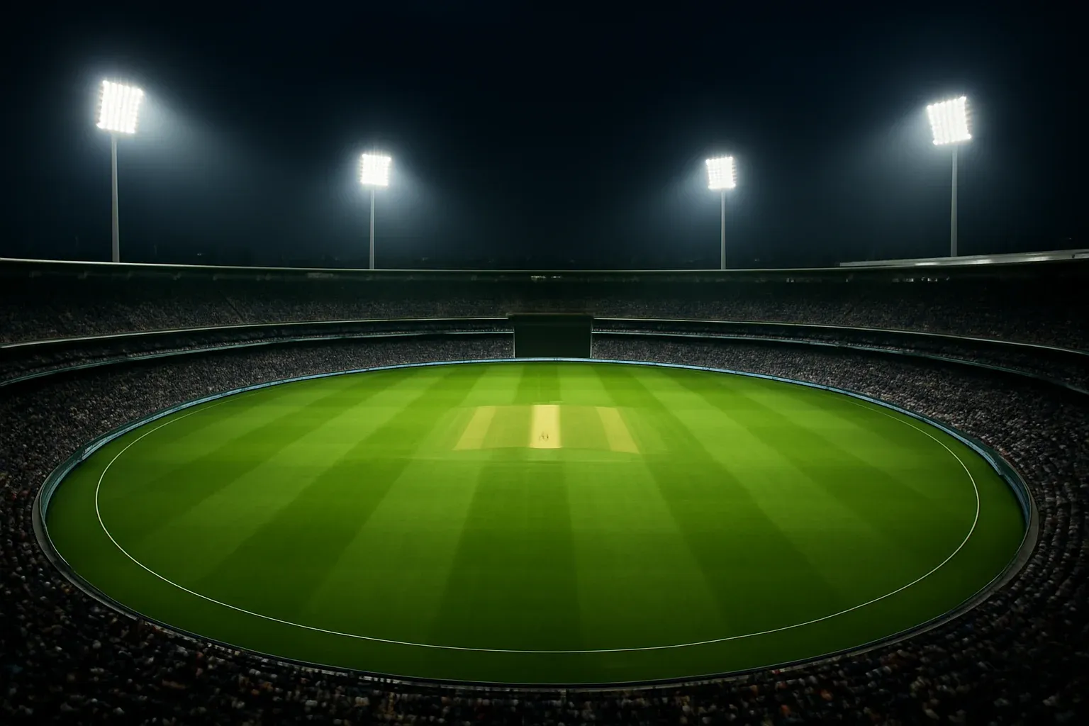 Aerial night view of cricket stadium with floodlights and vibrant green pitch