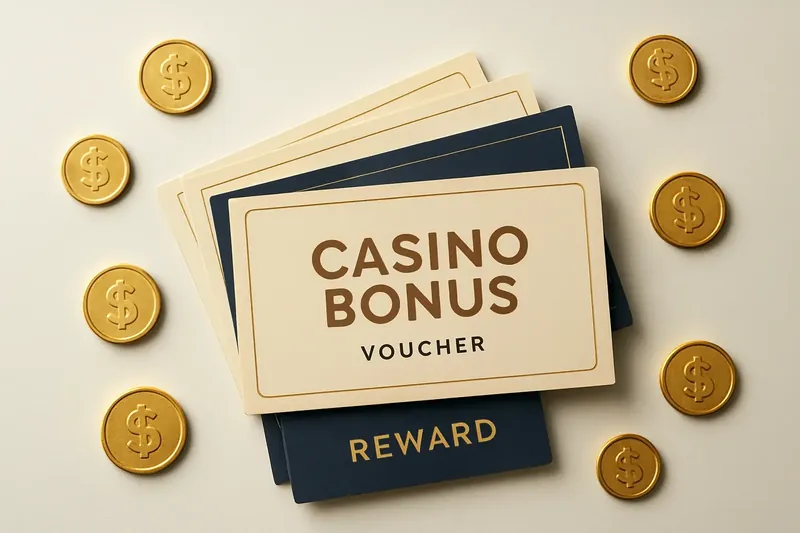Stack of casino bonus vouchers and reward cards with scattered gold coins