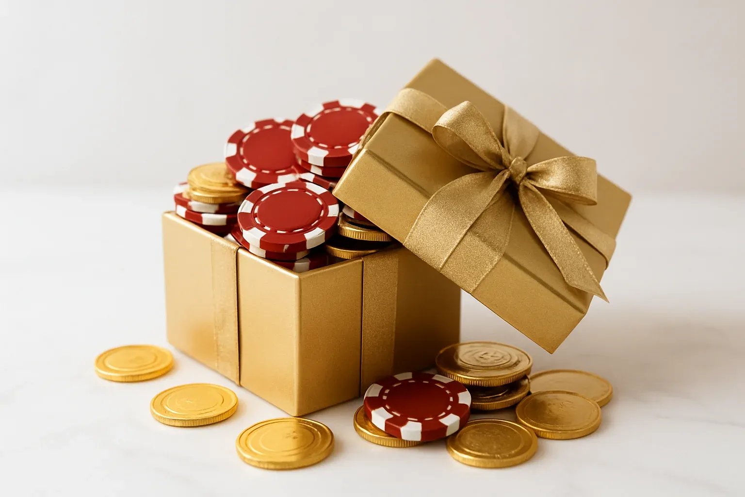 Golden Casino Bonus Golden gift box overflowing with poker chips and gold coins