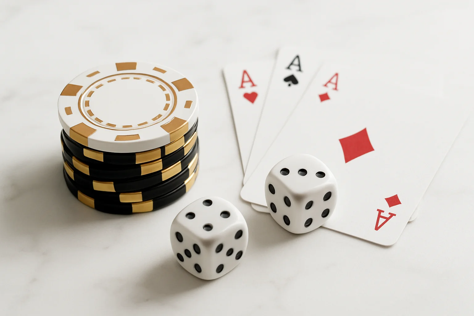 Elegant casino chips, cards and dice on white marble with gold accents