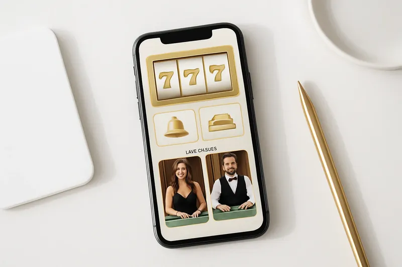 Mobile phone displaying casino app with slots and live games