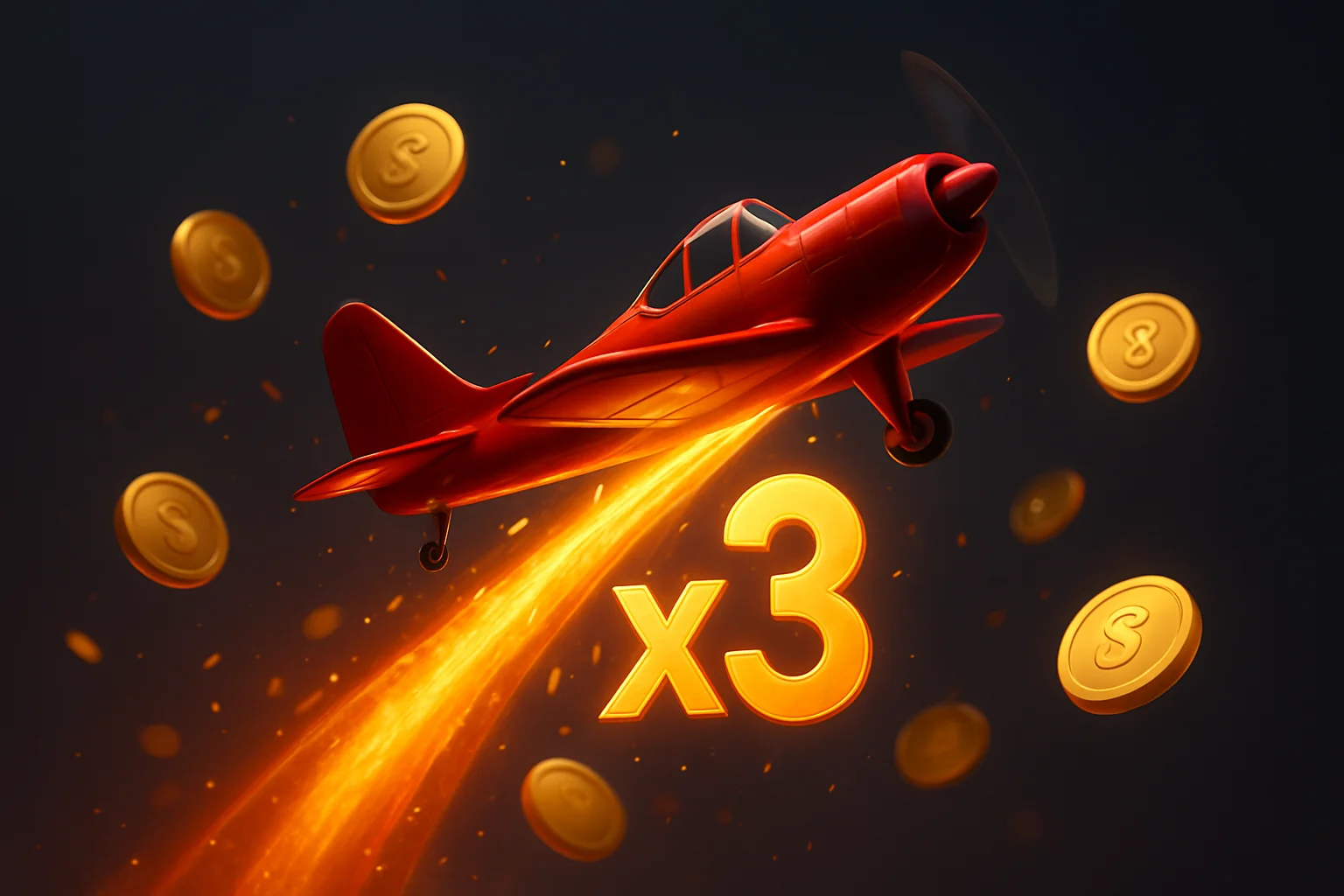 Aviator Crash Game Scene Red airplane climbing with glowing multiplier trail, coins, sparks, neon accents
