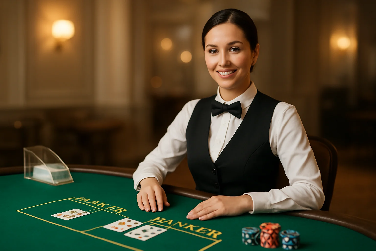 Live Dealer Baccarat Professional female dealer at elegant live baccarat table in casino